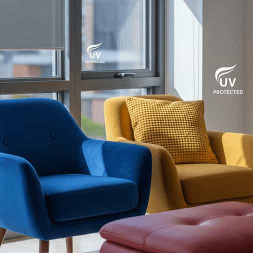 Close-up of two colored armchairs by a window; one side is marked 'UV Unprotected' and the other is marked 'UV Protected' to show film's fading defense.