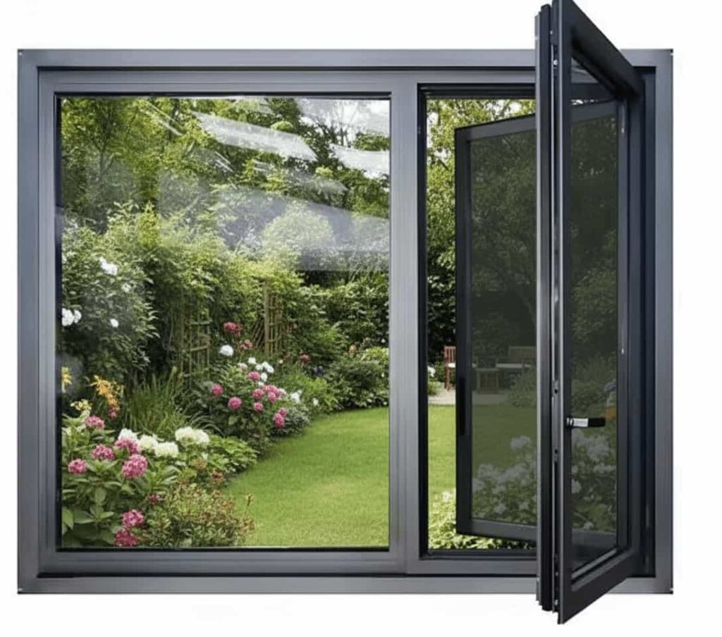 A modern aluminium thermal-break window with an integrated mosquito mesh screen, showing a clear view of a lush green backyard garden.