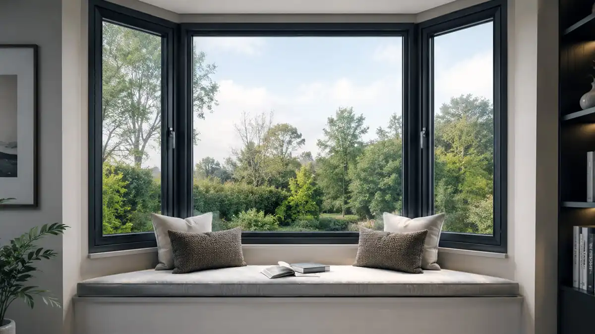 Dark aluminium frame bay window inside view with built-in seating overlooking a beautiful green garden.