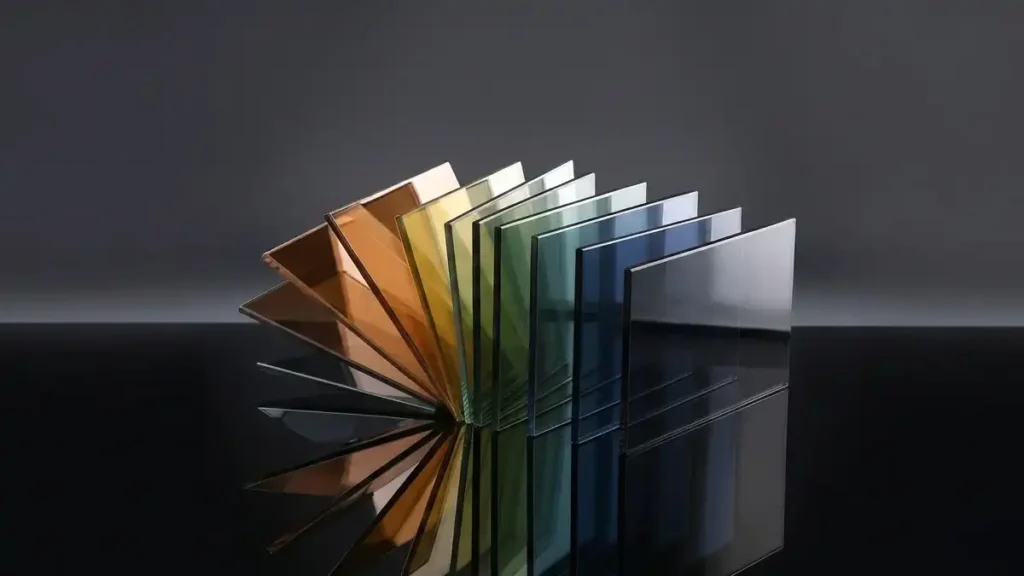 A fan-shaped arrangement of colored reflective glass panels displaying a gradient from bronze and amber to green, blue, and charcoal grey, showcased on a black reflective studio surface against a clean dark grey background.