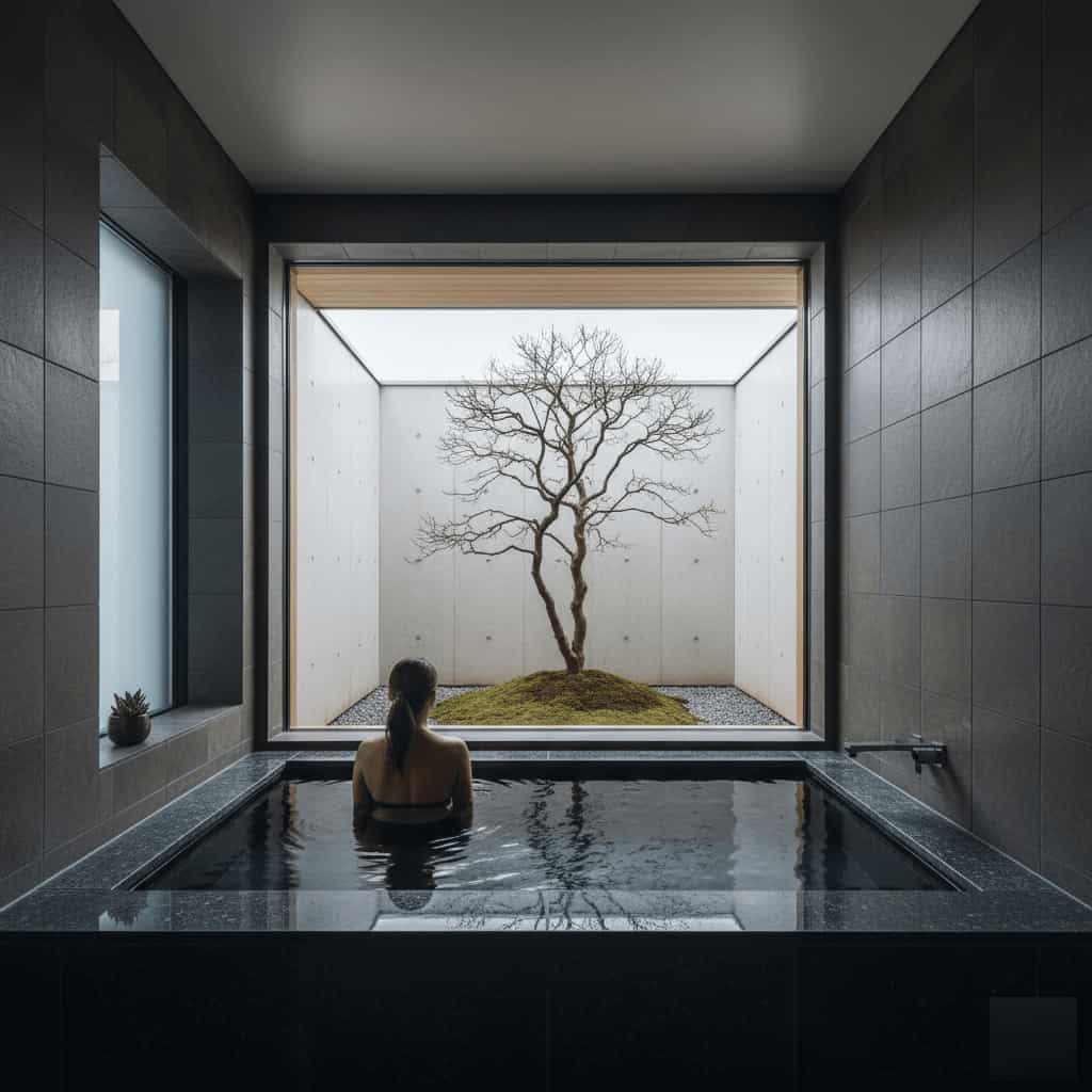 A woman is in a dark stone soaking tub, looking out a wide fixed window at a minimalist courtyard with a single, sculptural tree on a mossy mound and surrounding stones.