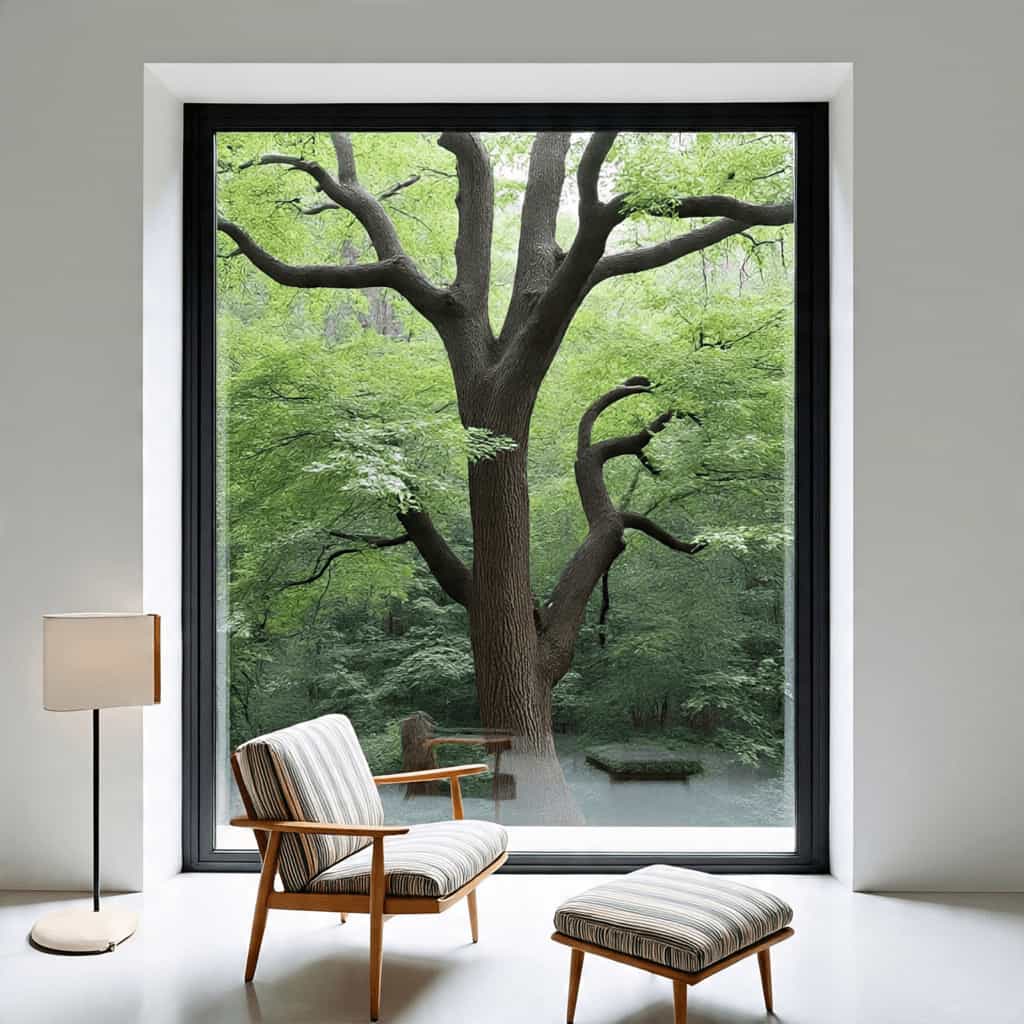 A large, floor-to-ceiling fixed picture window with a black frame looking out onto a misty forest. A comfortable armchair and ottoman with striped cushions are positioned inside, facing the window.