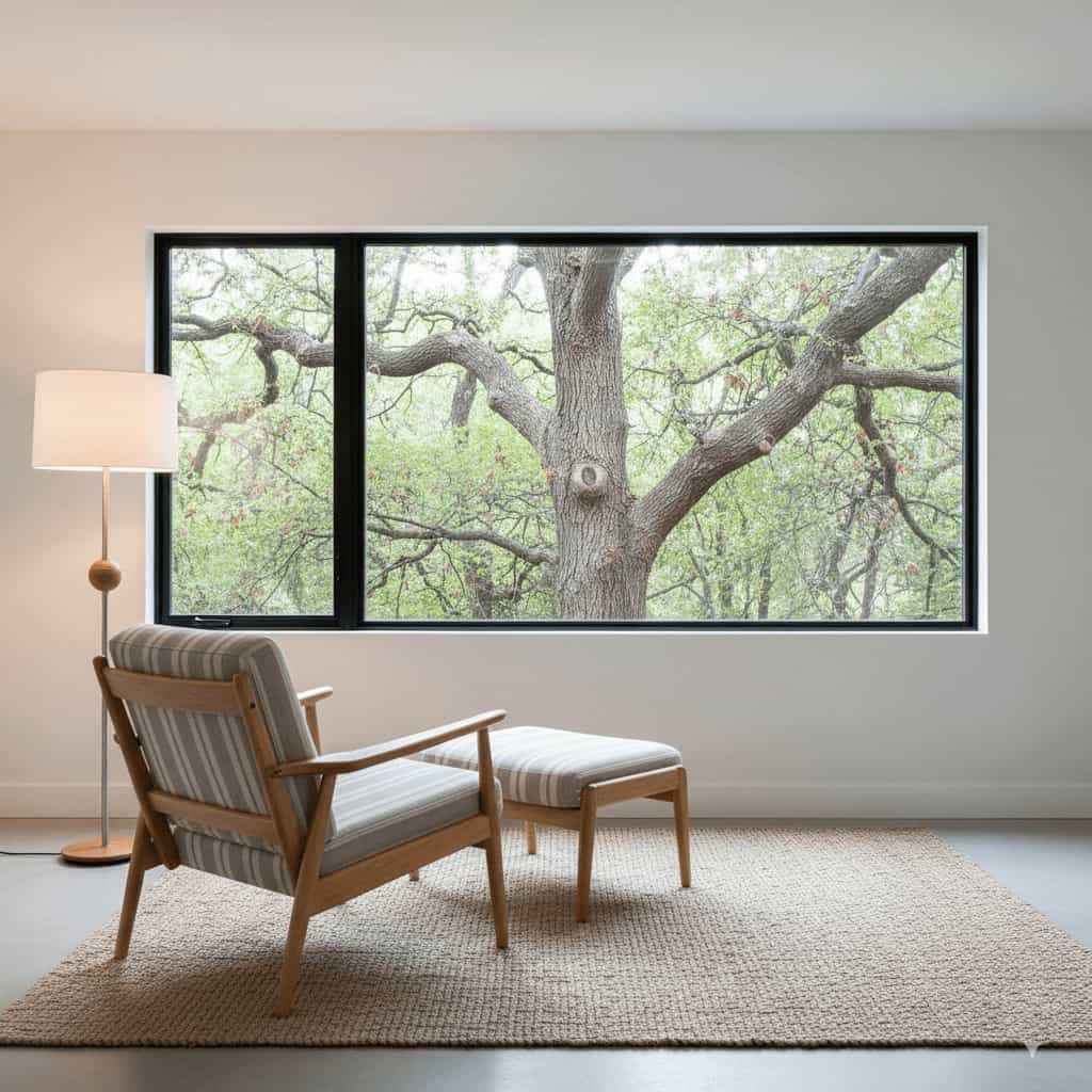 A wide, black-framed fixed window overlooking a large tree with green leaves. An armchair with a striped cushion and a floor lamp are placed nearby, creating a cozy reading nook.