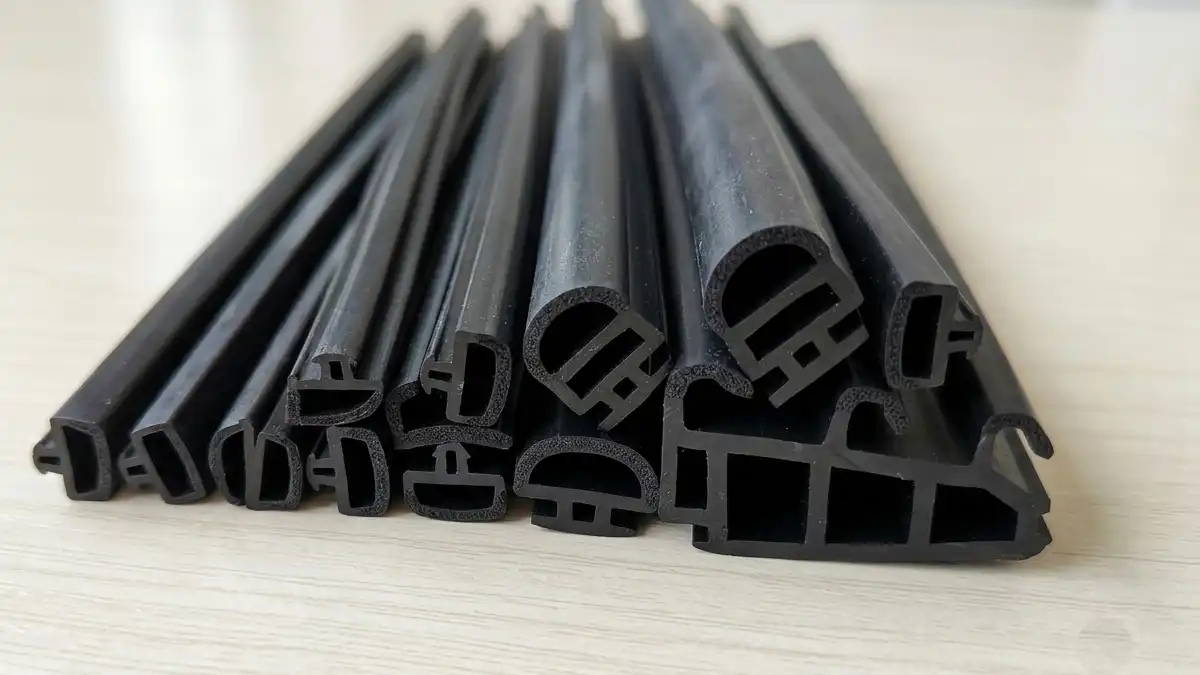 A close-up view of various black EPDM rubber gaskets and insulating thermal break strips arranged side-by-side on a light-colored wooden table for energy-efficient aluminium window frames.