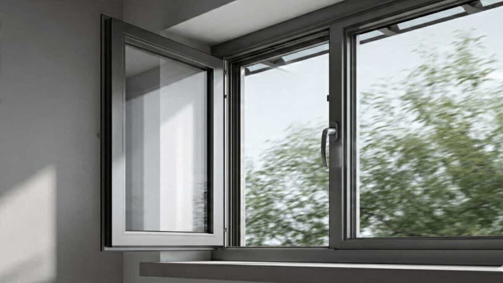 Aluminium casement window placed under a fixed pergola with limited opening space, with a windy outdoor backdrop showing why the location is unsuitable.