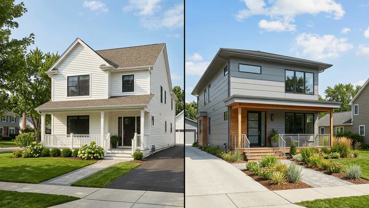 Split-screen comparison of vinyl siding and aluminum siding on two modern homes showing texture and finish differences