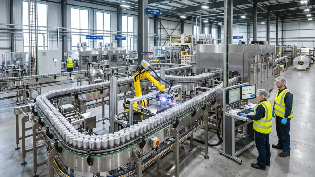 Automated production line manufacturing recyclable aluminium beverage cans in a modern factory.