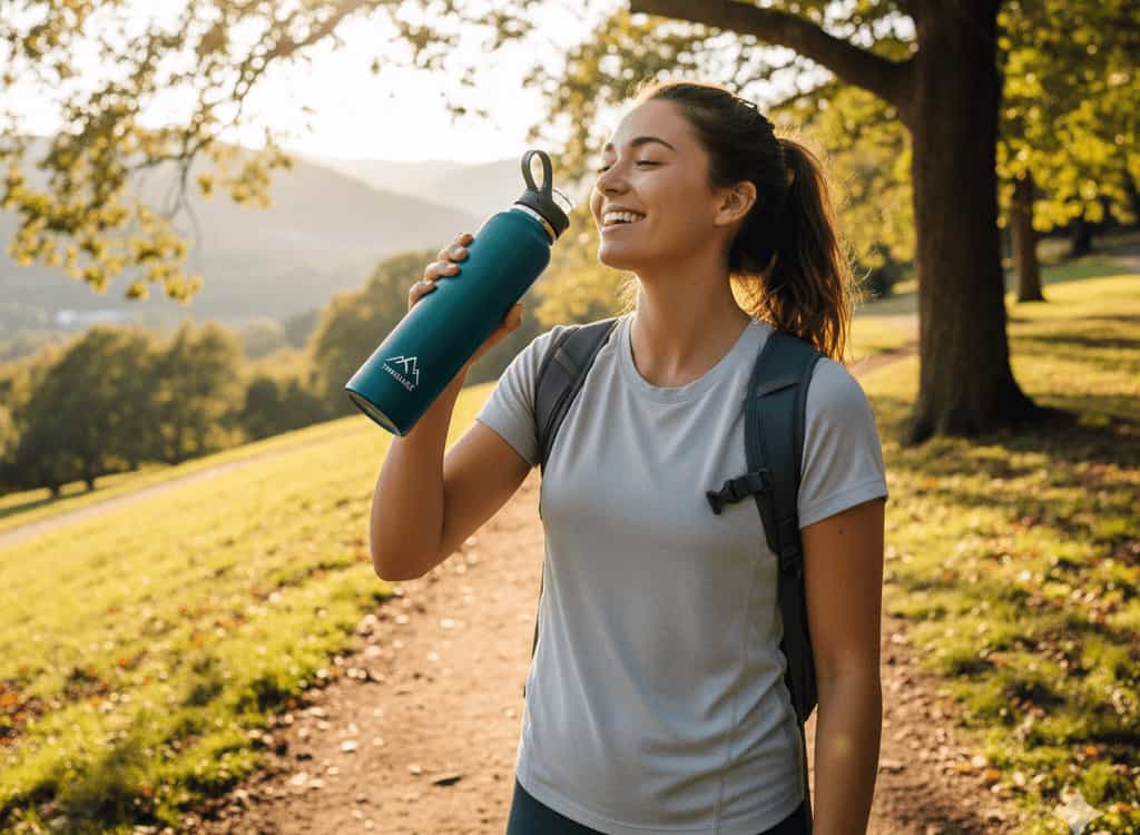 A smiling woman wearing a backpack stops on a sunny outdoor path to drink from a teal insulated aluminum water bottle, emphasizing easy, lightweight hydration.