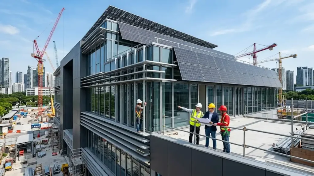 Modern commercial building with aluminium façade, curtain walls, windows, and BIPV solar integration.