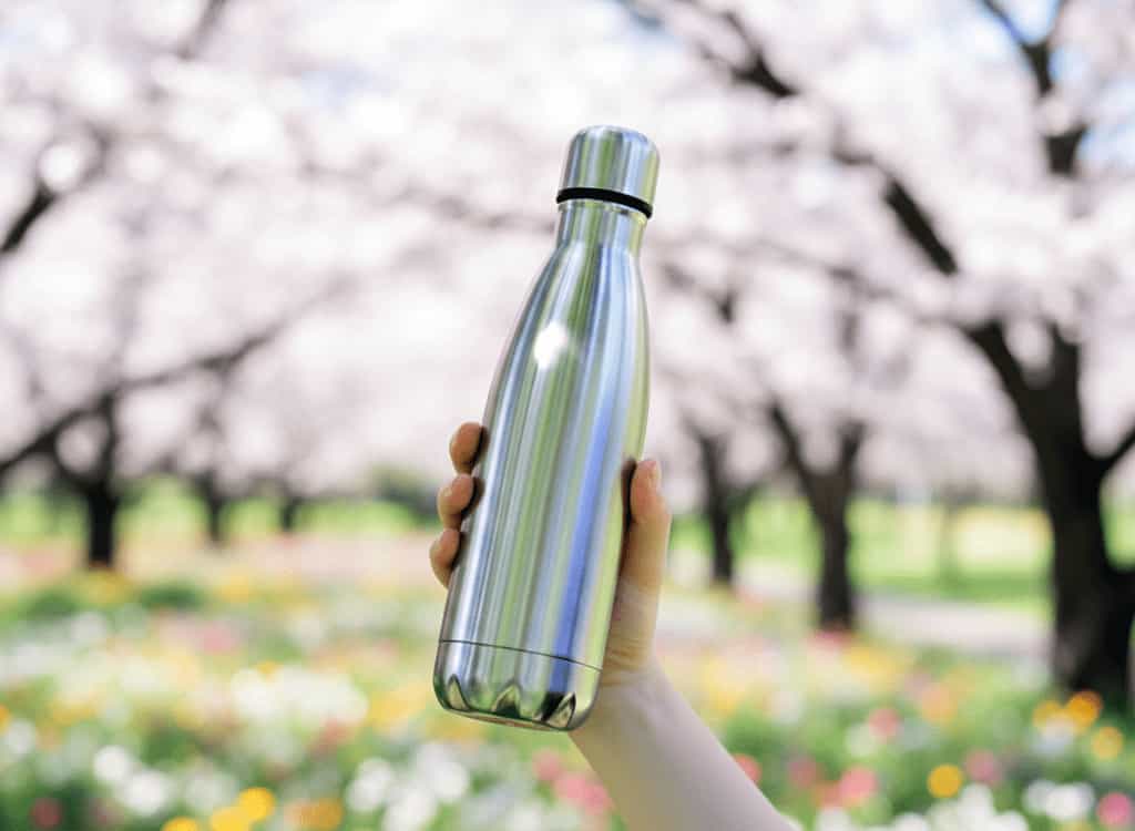 A hand holding a sleek, silver stainless steel insulated water bottle against a bright, green outdoor background, symbolizing its durability and temperature mastery.