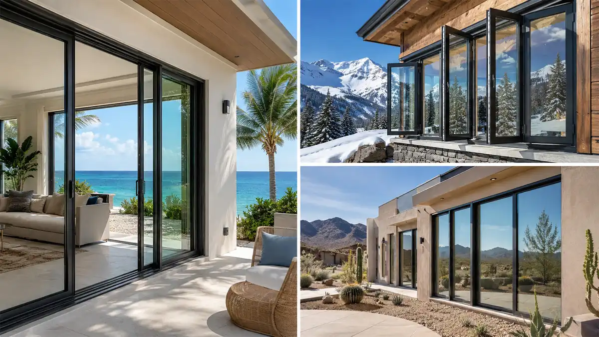 Modern aluminum windows and doors designed for different US climate zones—coastal, mountain, and desert homes