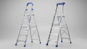 Two types of 6-step foldable aluminium ladders side by side against a neutral background, showing a model with an arching safety handrail (left) and a model with a built-in top tool tray platform (right).
