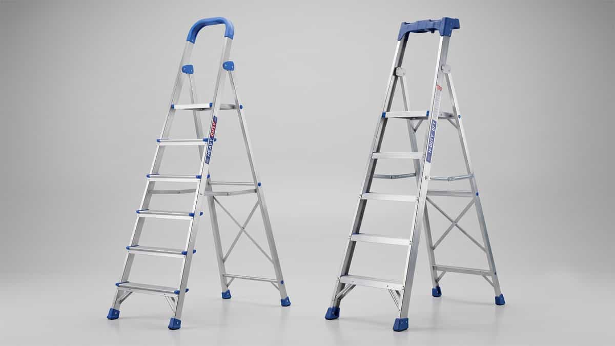 Two types of 6-step foldable aluminium ladders side by side against a neutral background, showing a model with an arching safety handrail (left) and a model with a built-in top tool tray platform (right).