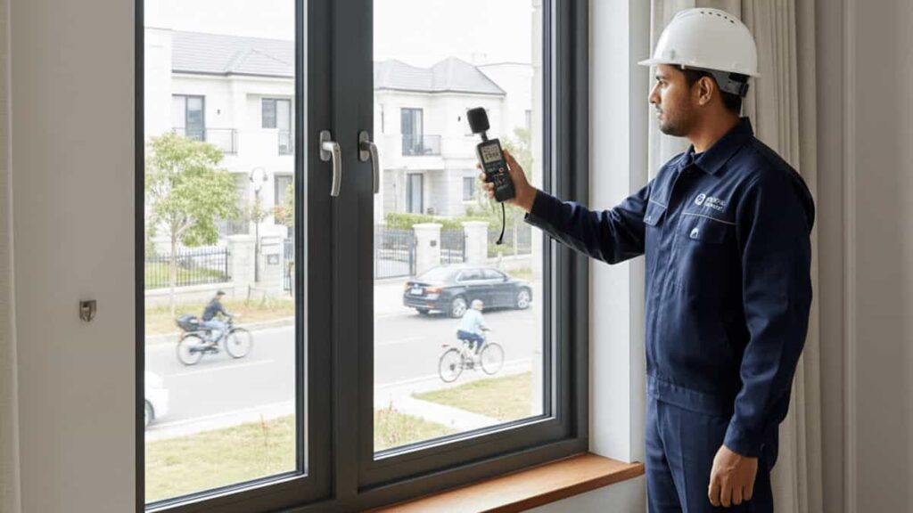 A professional technician using a digital decibel meter to measure the sound insulation performance of a closed window against external street traffic noise.