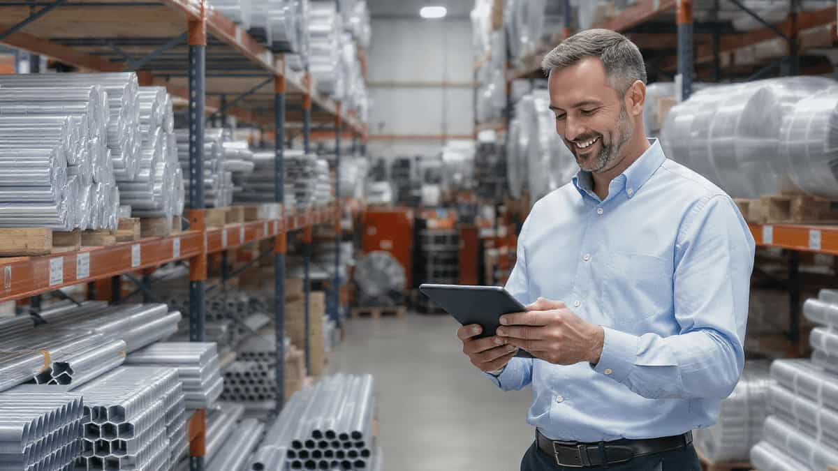 Man checking inventory on a tablet inside an aluminium warehouse filled with aluminium profiles and stock materials.