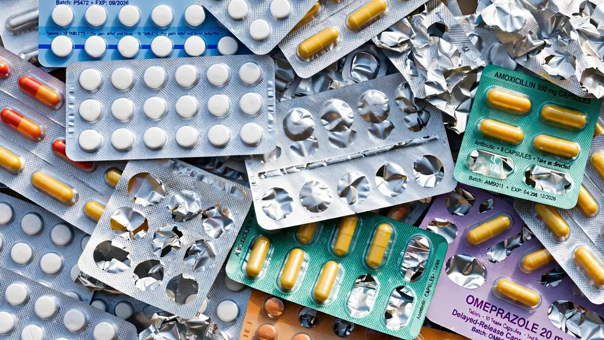 A collection of medical pill blister packs with silver aluminium foil backing, showing both full and empty medicine capsules and tablets.