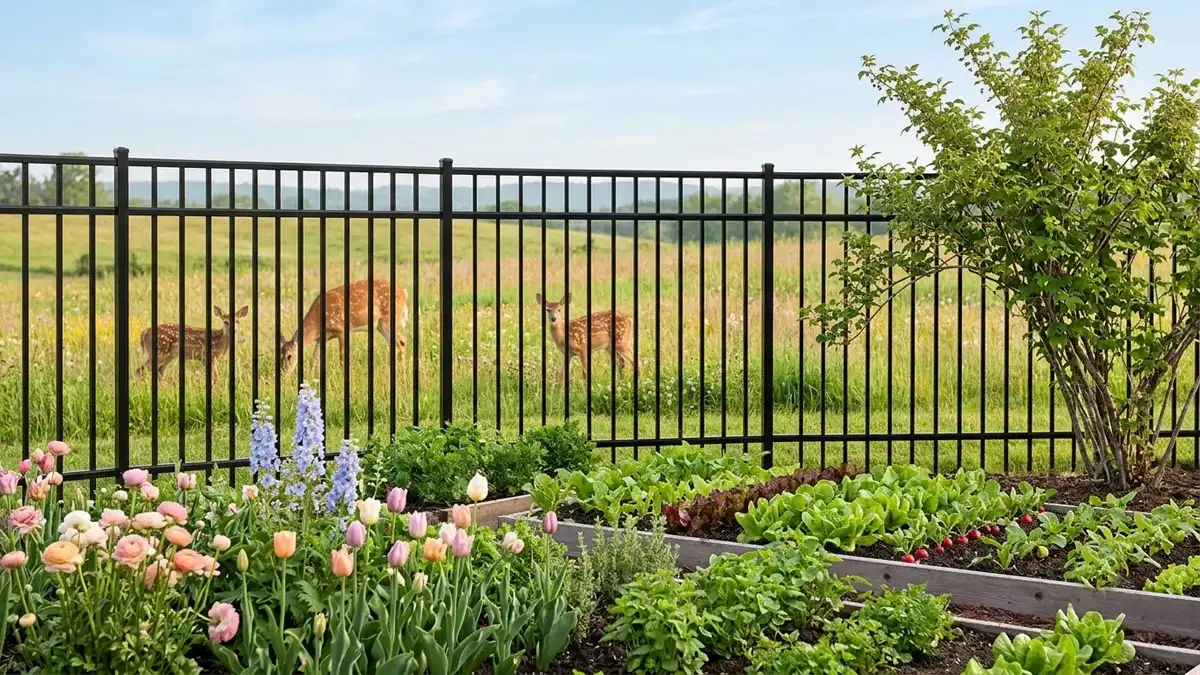 Black aluminum fence protecting a vegetable and flower garden from deer in a residential backyard.