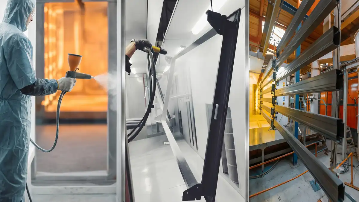 Industrial technician using a spray gun to apply uniform powder coating density to aluminium extrusion profiles.