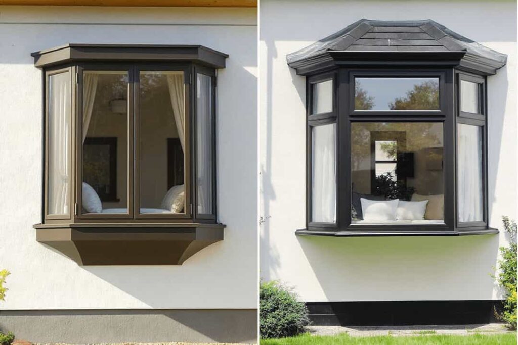 A spacious interior view of an elegant, three-panel bay window with a dark, structural aluminum frame, incorporating a comfortable window seat and natural light.