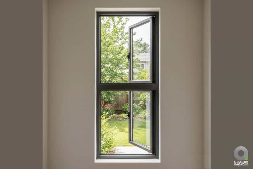 Tall aluminium casement window with top fixed glass and bottom openable sash.