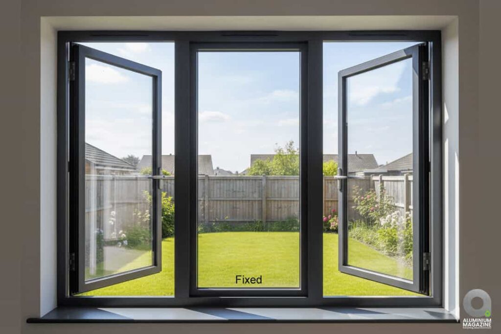 Large three-panel casement window with middle fixed glass and side opening sashes.