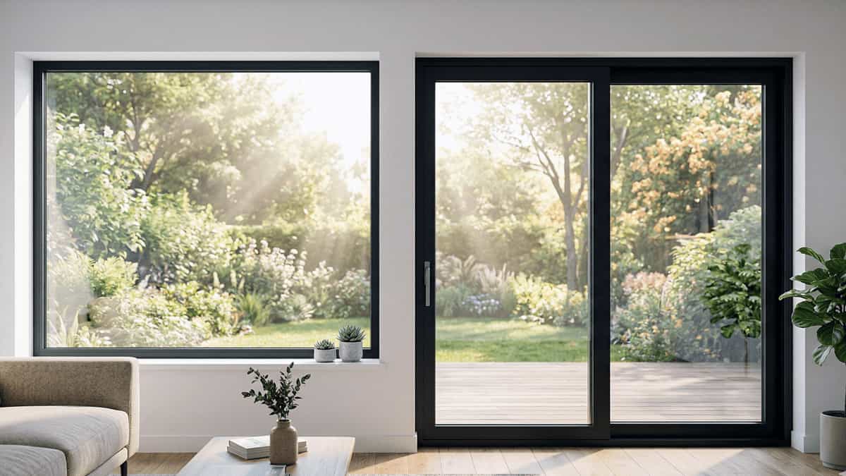 Modern window and sliding glass door with sunlight showing energy efficiency and insulation in home