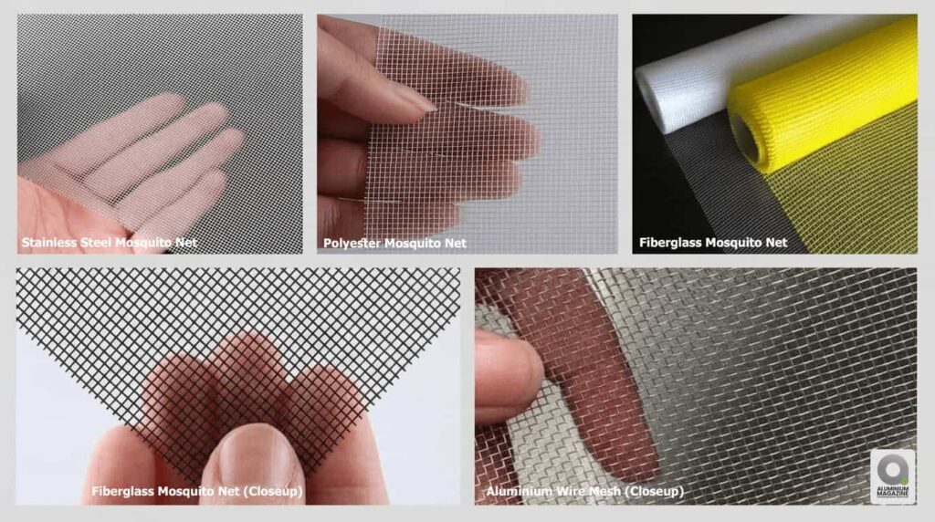 A comparison collage of different mosquito net materials including stainless steel, polyester, fiberglass mesh, and aluminum wire mesh for window frames.