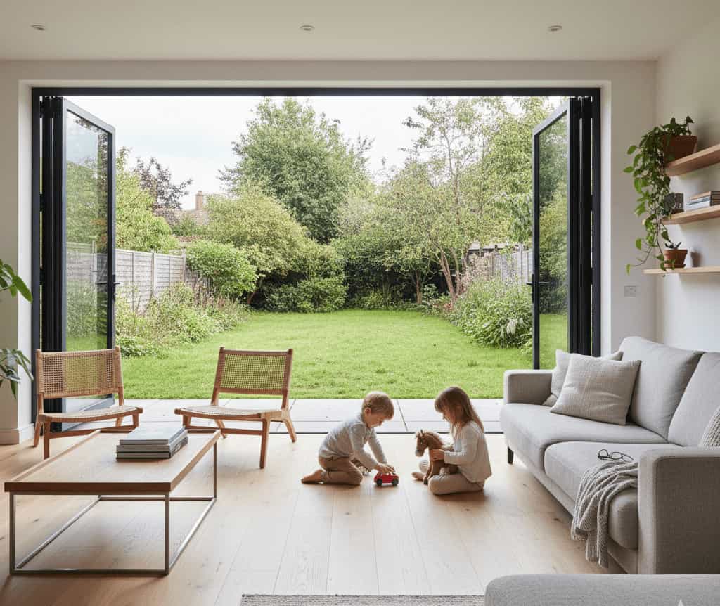 A wide view of a modern living room where large black aluminium bi-fold doors are fully opened, connecting the light wood interior to a green lawn. Two young children play on the floor in the foreground.