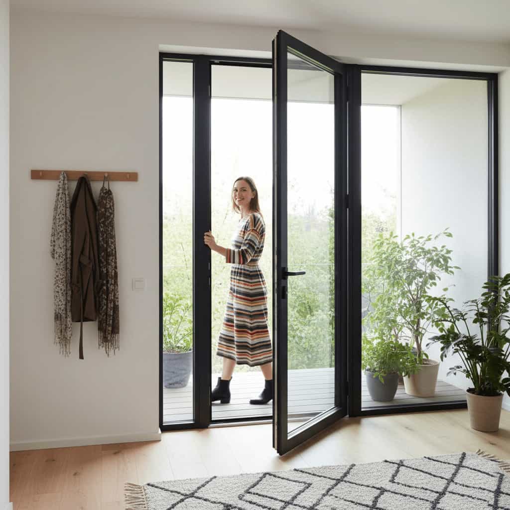 A smiling woman opening a modern black aluminium casement door leading to a lush green balcony, featuring floor-to-ceiling glass and sleek metal hardware.