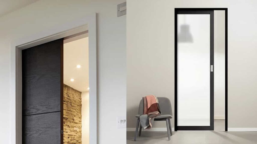 A split image showing two interior pocket doors: on the left, a dark wood sliding pocket door; on the right, a sleek black aluminium pocket door with a frosted glass panel, ideal for modern interior division.