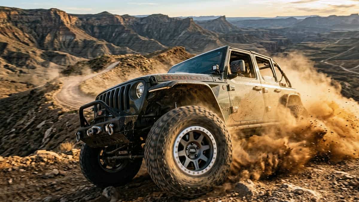 Off-road vehicle with rugged aluminum wheels driving on dusty mountain trail, showcasing durable car wheels for extreme terrain