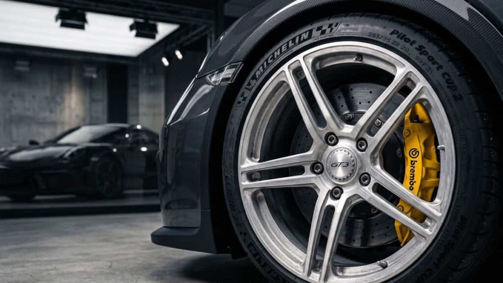Raw aluminum alloy wheels on a modern sports car showing natural metallic finish and multi-spoke design