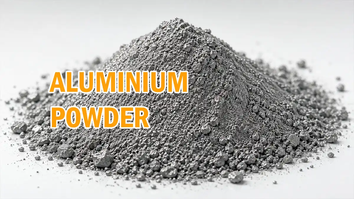 Fine aluminium powder in a conical pile on a clean white surface, showing its metallic gray texture for industrial applications.