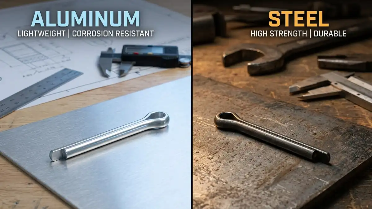 Split screen comparison of aluminum cotter pin versus steel cotter pin on workshop workbench showing lightweight corrosion resistant aluminum versus heavy duty high strength steel