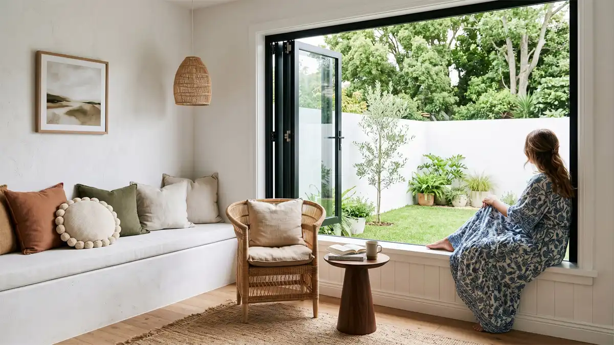 A bright, minimalist indoor-outdoor living room with a large black-framed bifold window opening to a lush courtyard garden, featuring a woman in a maxi dress sitting on the windowsill.