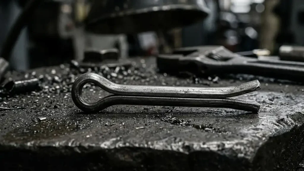 Close up of a steel cotter pin (split pin) on carbon steel surface for heavy-duty automotive and industrial applications