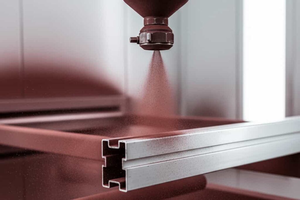 Close-up of electrostatically charged red powder being sprayed onto an extruded aluminum profile during the powder coating process.