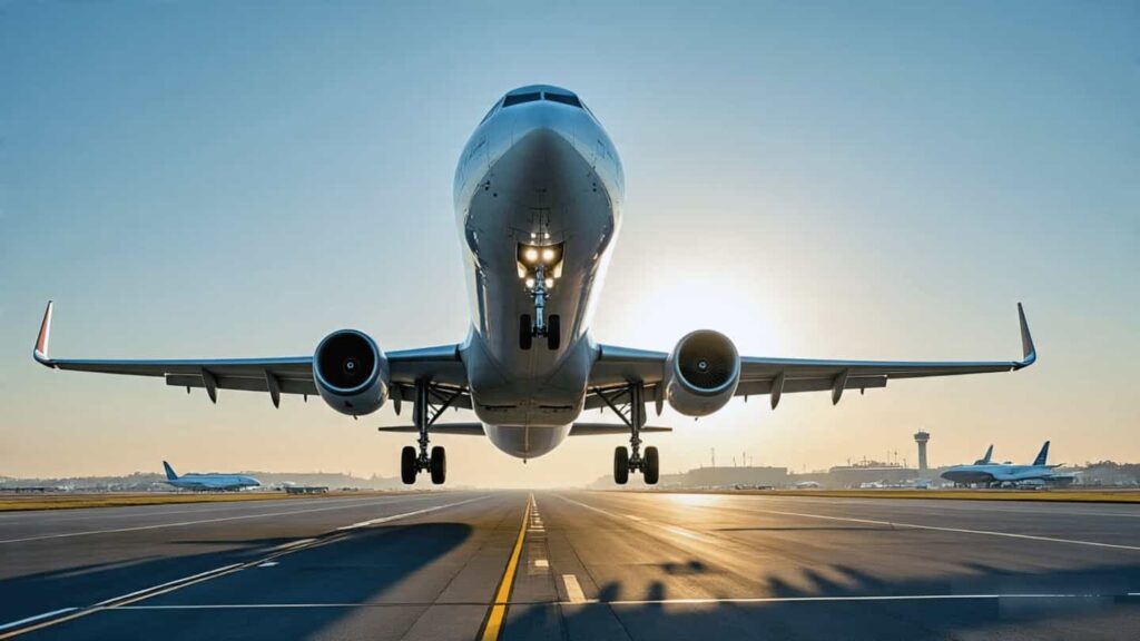 A commercial airliner takes off from a runway at sunrise, highlighting the role of lightweight aluminum construction in flight.
