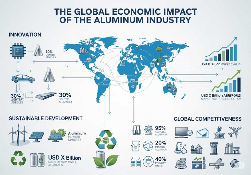 An infographic-style illustration titled "The Global Economic Impact of the Aluminum Industry." The image shows a world map surrounded by icons and charts representing innovation, sustainable development, and global competitiveness, all linked by arrows to highlight the industry's influence.