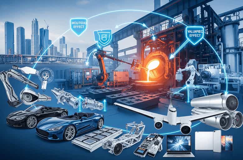 A digital illustration showing a modern aluminum smelting plant with robotic arms and a flowing crucible of molten metal. The image is surrounded by products made from aluminum, including a sports car, an airplane wing, and consumer electronics like laptops and smartphones. The plant is connected to these products by glowing lines, symbolizing the multiplier effect on related industries and overall economic growth.