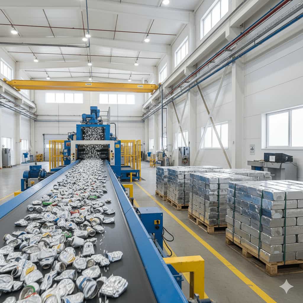Aluminum recycling plant with cans processed into molten aluminum and shiny ingots