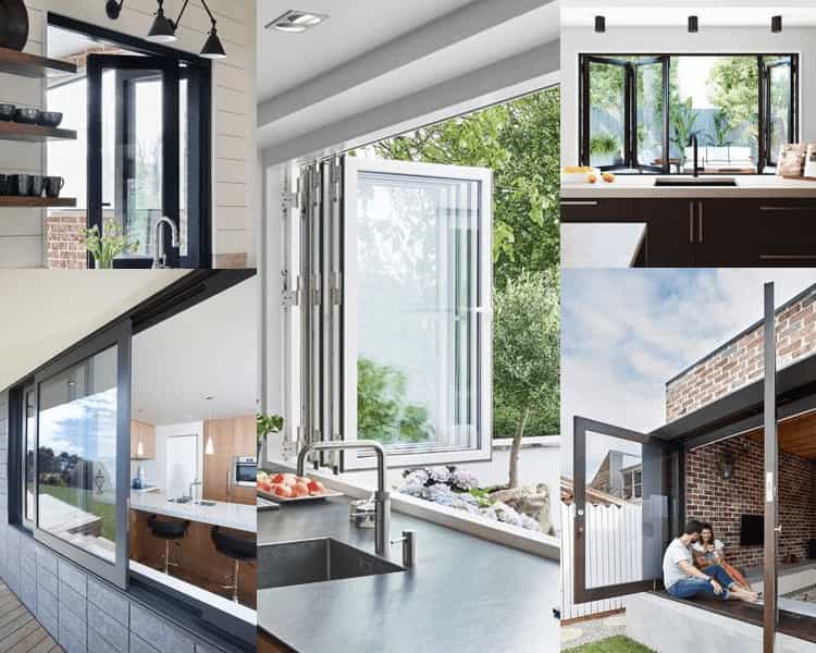 Collage showing five examples of modern aluminium window and door systems in popular colours like Anthracite Grey/Black and White, including bi-fold, sliding, and awning styles in kitchen and outdoor settings.
