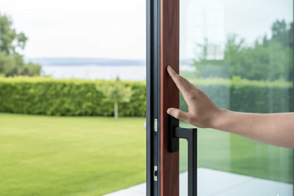 Close-up of a hand opening a modern sliding glass door with a durable, wood-effect powder-coated aluminum frame and a black handle.