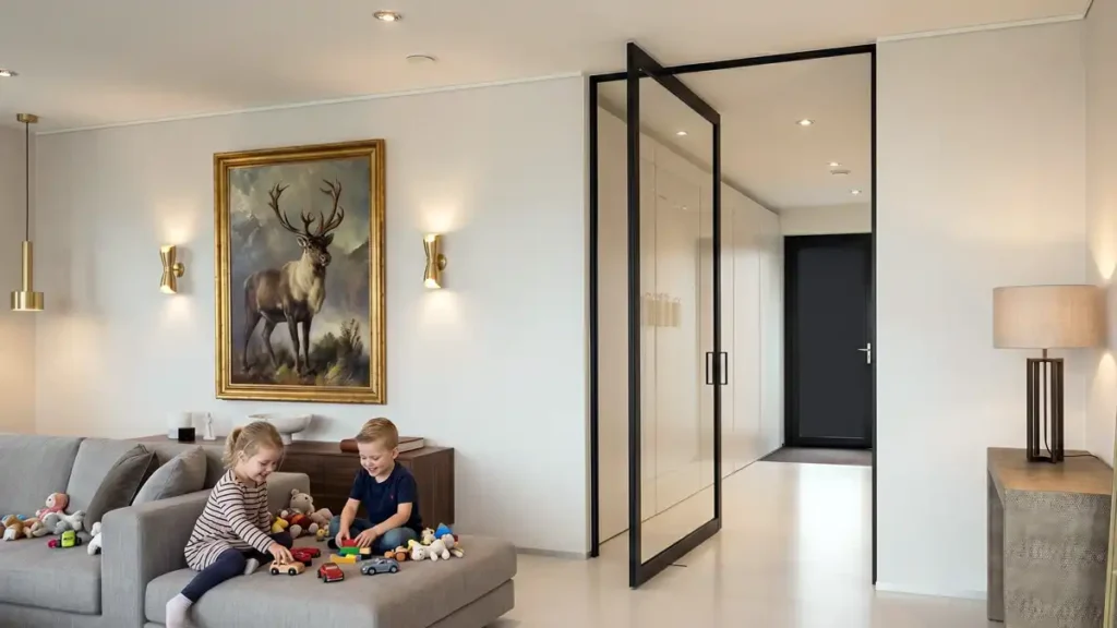 Modern aluminium pivot door used as an entrance for a home.