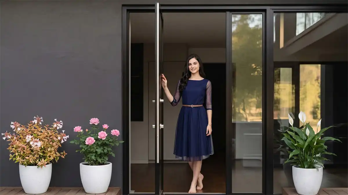 A stylish interior scene showcasing a sleek modern aluminium pivot door, serving as the hero image for our design gallery.