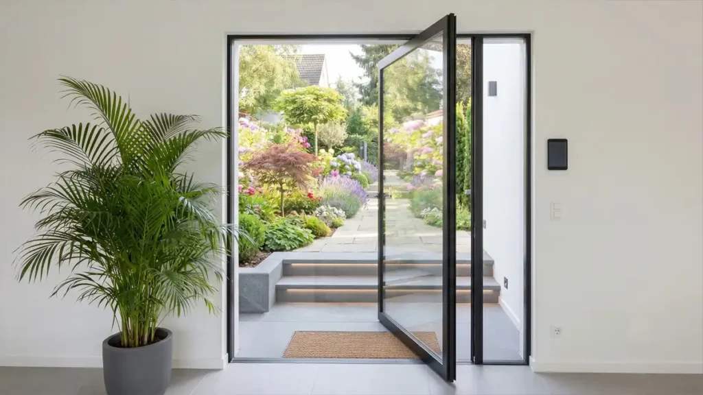Grand aluminium pivot door with matching glass sidelights and side partitions for a luxury home entrance.