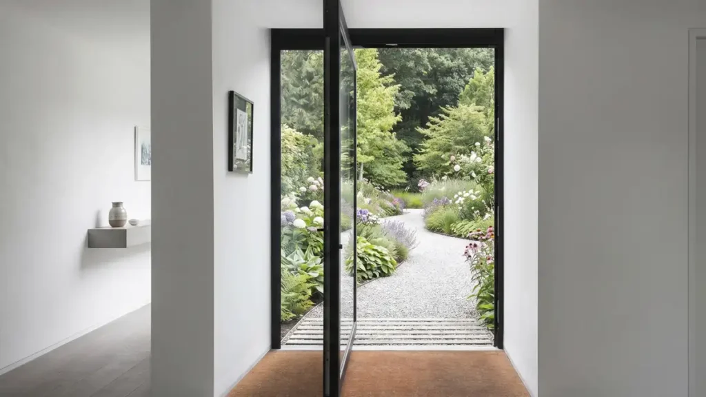 Large modern aluminium pivot front door as a grand entrance for a luxury home.