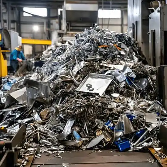A massive heap of mixed aluminum shreds, turnings, and industrial metal scrap piled on a conveyor system inside a recycling factory.