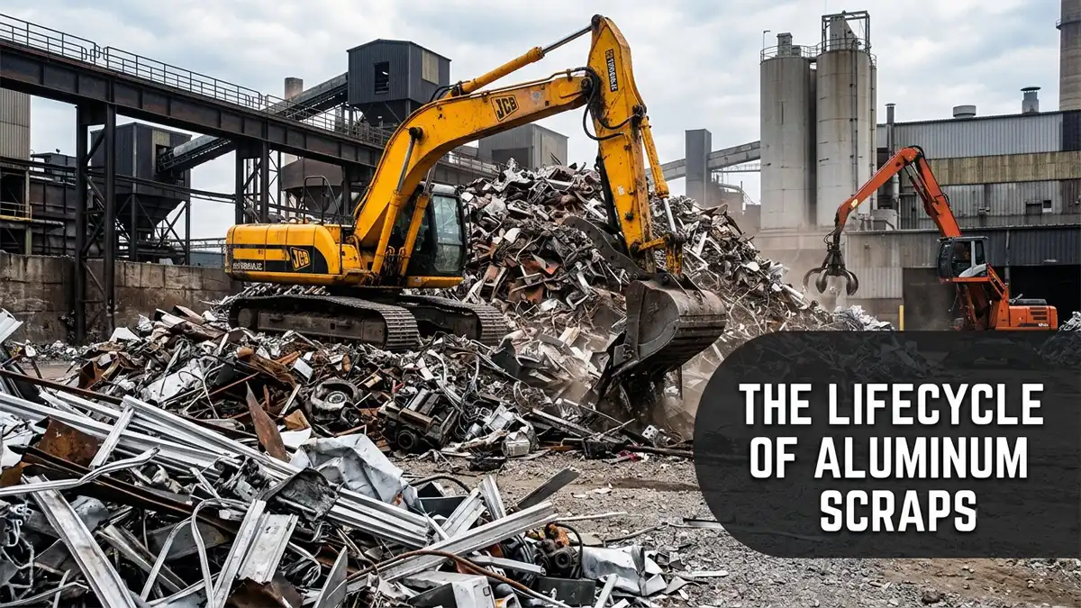 A bright yellow JCB crawler excavator sorting through a massive mound of metallic debris and aluminum scraps at an industrial recycling facility under an overcast sky.