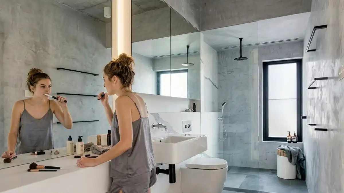 Modern concrete bathroom featuring a slim black aluminum window overlooking a bright exterior, with a woman brushing her teeth in the foreground mirror.